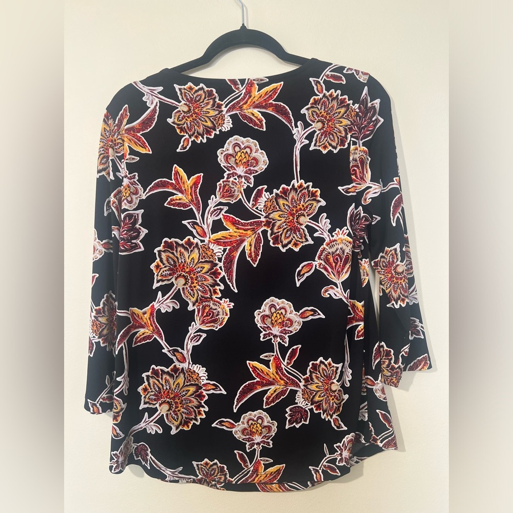 Liz Claiborne Career top women’s M business casual slinky keyhole floral black - Picture 2 of 9